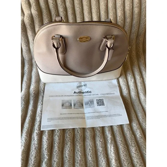 Coach Bicolor Crossgrain Leather Cora Dome Satchel Taupe Cream Handbag - Picture 4 of 13